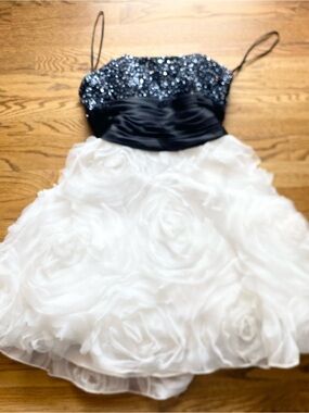 Jovani Black Sequin Bodice White Rosette Skirt Party Dress